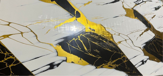 “High-gloss PVC panel with a bold black, white, and gold marble effect