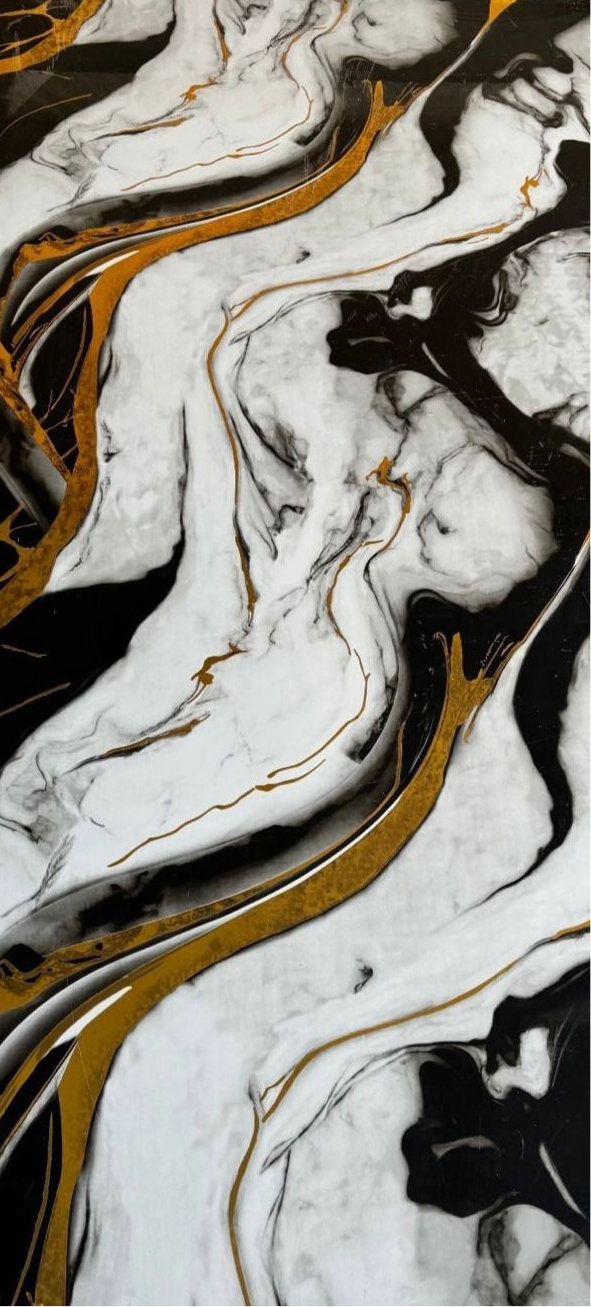 High-gloss PVC panel with a striking black, white, and gold marble effect